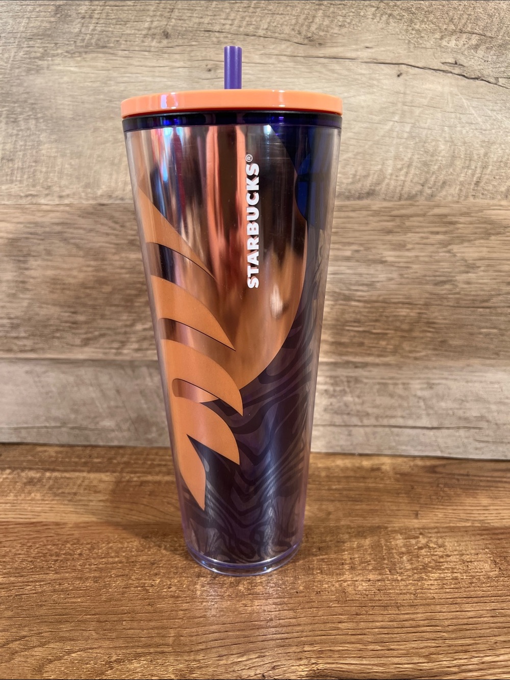 Starbucks Purple Tumbler with Orange Leaf Accent and Purple Straw